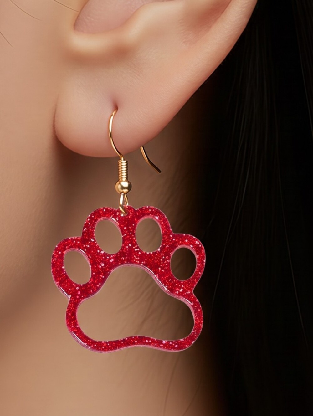 Red Glitter Paw Print Dangle Earrings Animal Lover Mascot Game Day Sport Jewelry